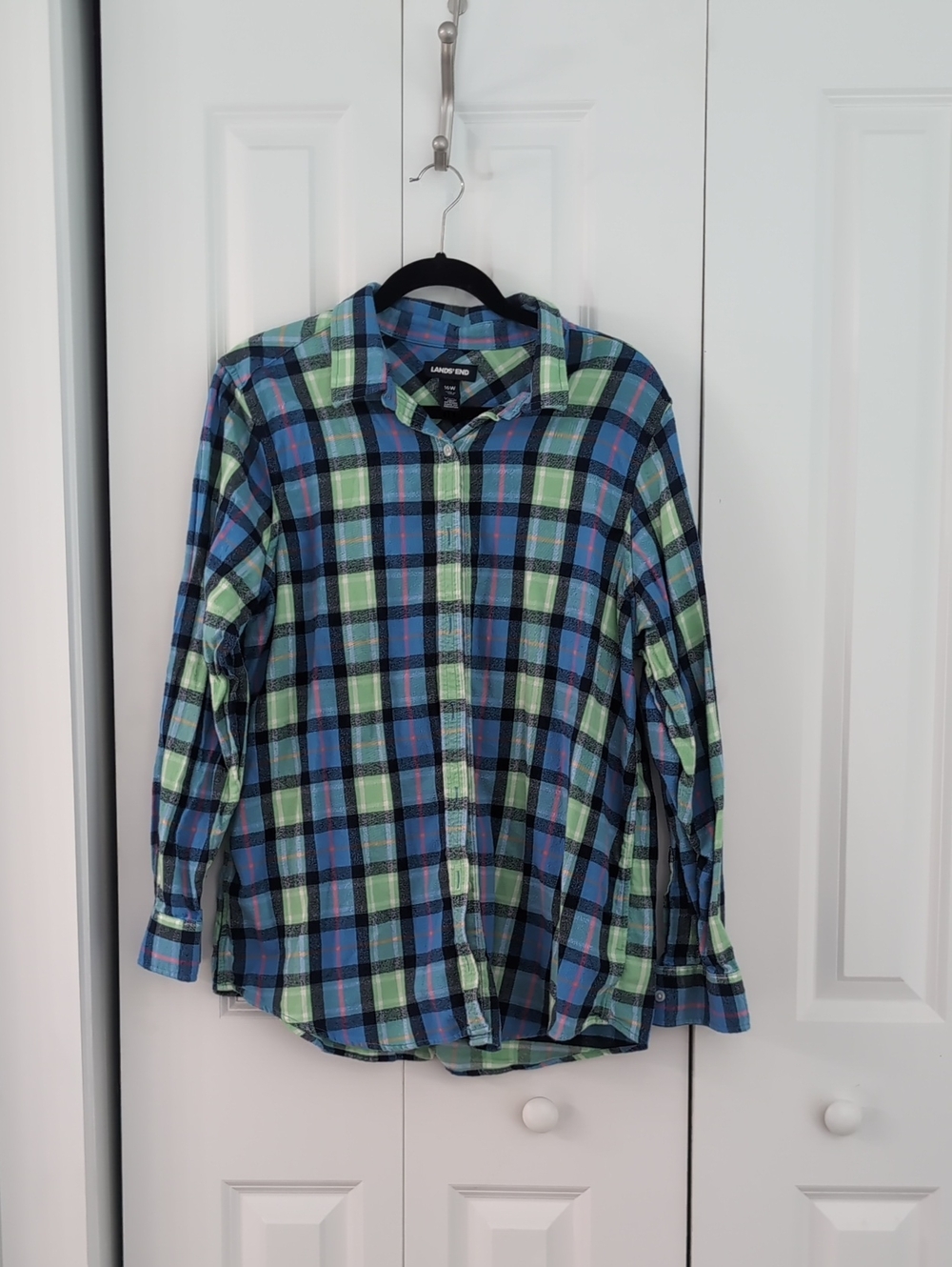 Lands' End Women's Blue & Green Plaid Button-Down Shirt
